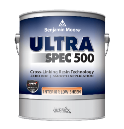 A can of Benjamin Moore Ultra Spec 500 interior low sheen eggshell finish paint with cross-linking resin technology and zero VOC label.