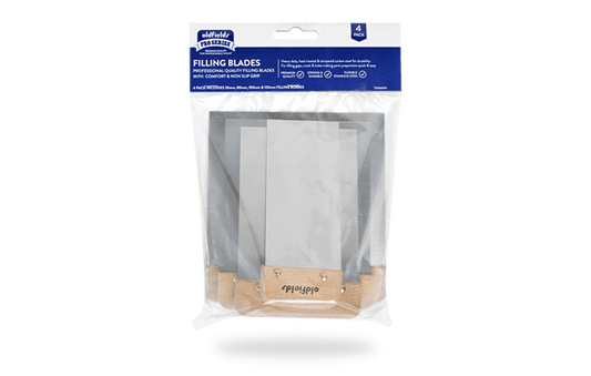 Package of filling blades with a clear plastic window on a white background