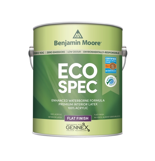 A can of Benjamin Moore Eco Spec Interior Latex Paint in flat finish with Gennex technology.