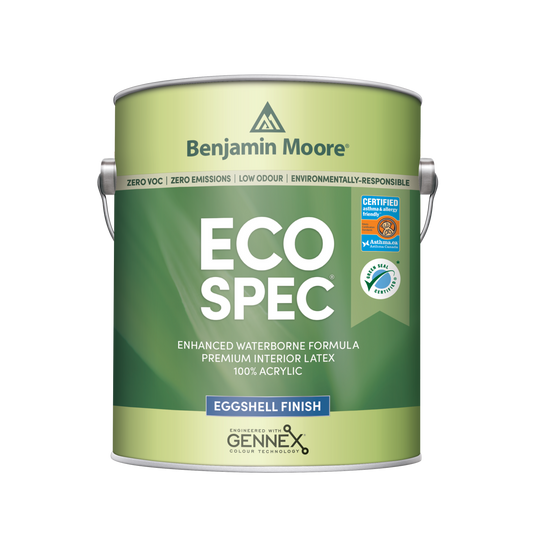 A can of Benjamin Moore Eco Spec Interior Latex Paint in Eggshell finish. The paint container is green and white with product information and logos.