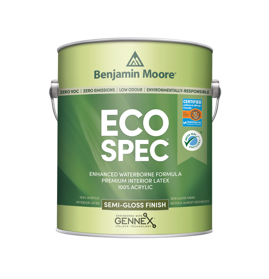 A can of Benjamin Moore Eco Spec Interior Latex Paint with a semi-gloss finish. The label indicates the paint is zero VOC, zero emissions, and environmentally responsive.