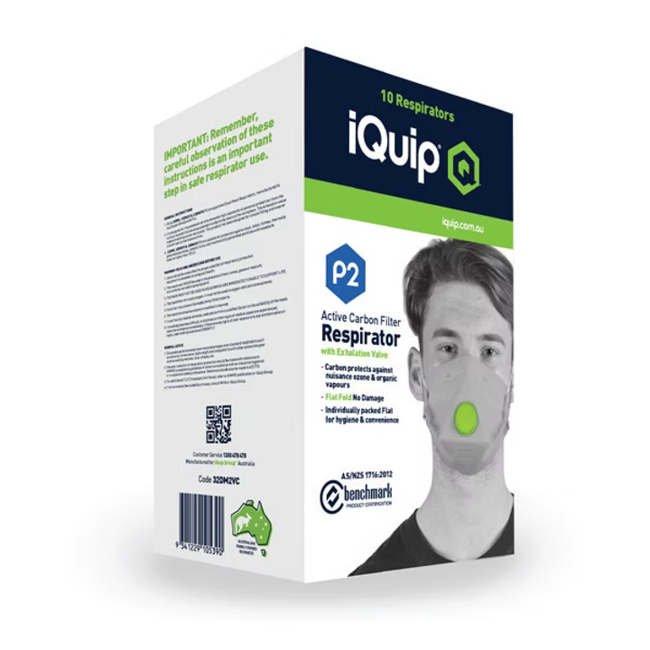 IQuip Dust & Mist Mask Flat Fold P2 with Carbon Active Valve 10pcs