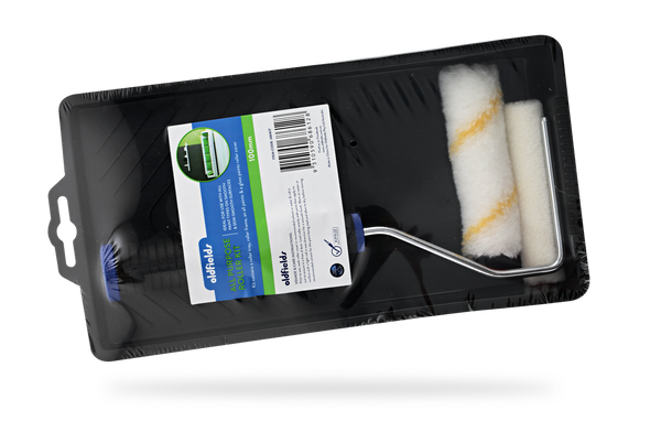 Paint roller set with black tray, roller, and cover on a white background