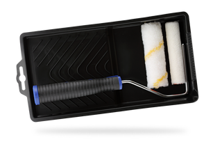 Paint roller set with black tray on a white background