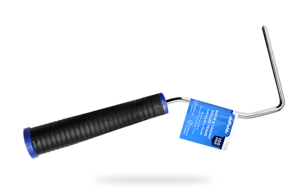 Paint roller with blue label on a white background