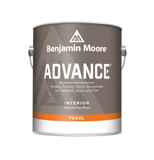 A can of Benjamin Moore ADVANCE Waterborne Interior Alkyd Paint in Satin Finish.