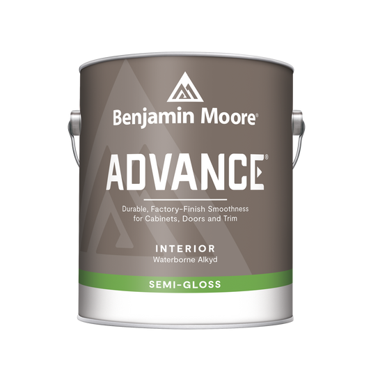 A can of Benjamin Moore ADVANCE Waterborne Interior Alkyd Paint with a semi-gloss finish.