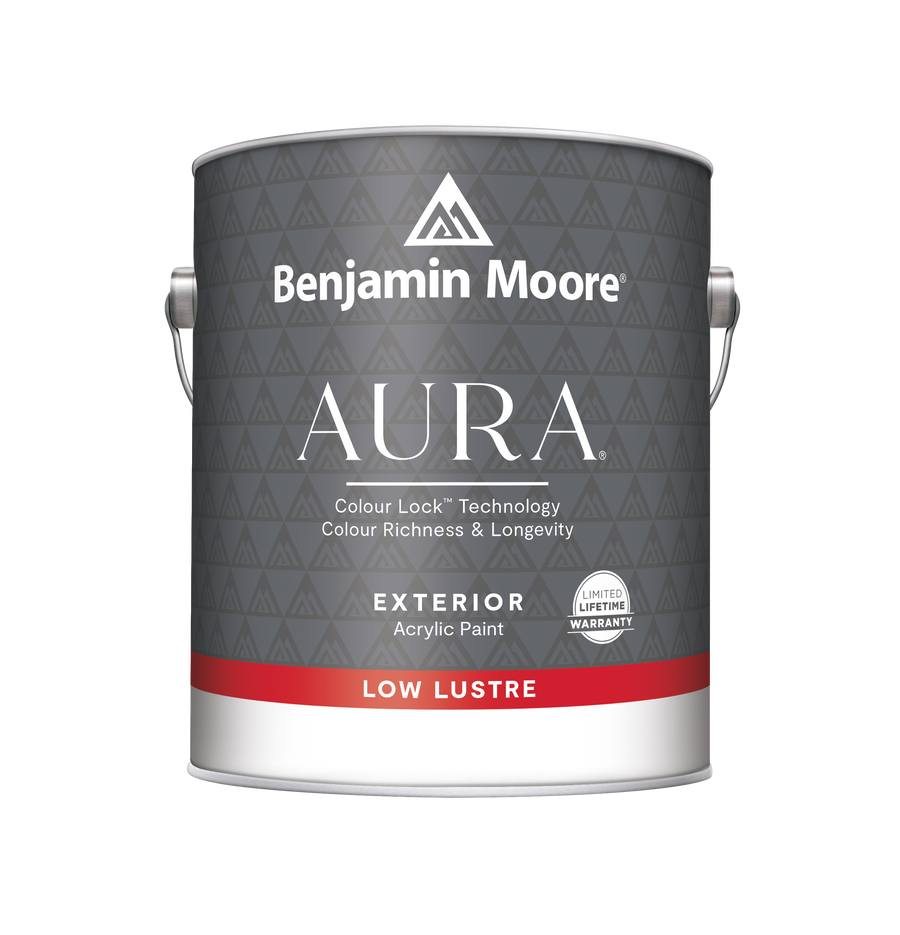 A can of Benjamin Moore Aura Exterior Acrylic Paint in Low Lustre finish.