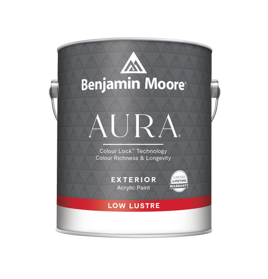 A can of Benjamin Moore Aura Exterior Acrylic Paint in Low Lustre finish.