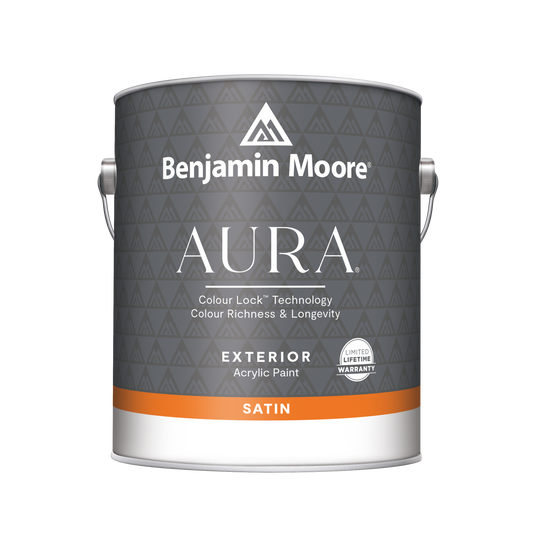 A can of Benjamin Moore Aura Exterior Acrylic Paint in Satin finish.
