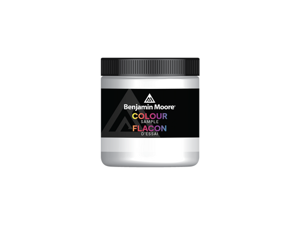 A container of Benjamin Moore paint color sample in a jar.