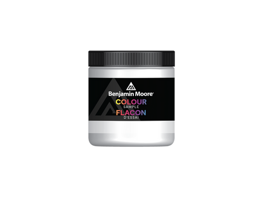 A container of Benjamin Moore paint color sample in a jar.