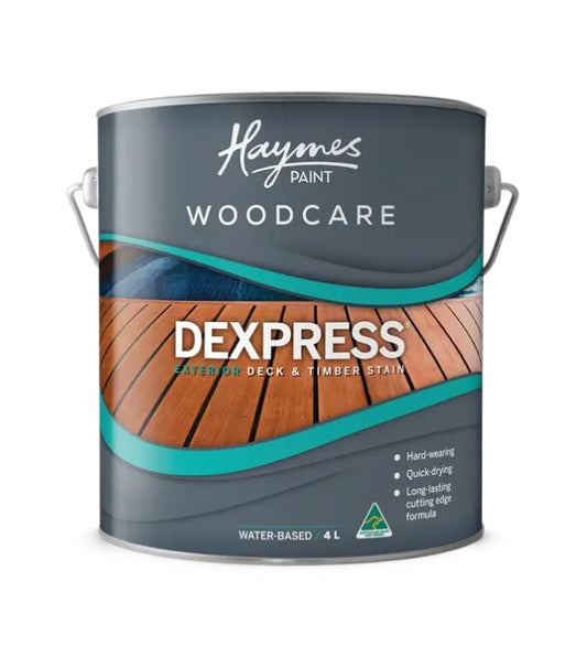 A can of Haymes Paint Woodcare Dexpress Deck & Timber Stain in gray color with an image of a wooden deck on the label.