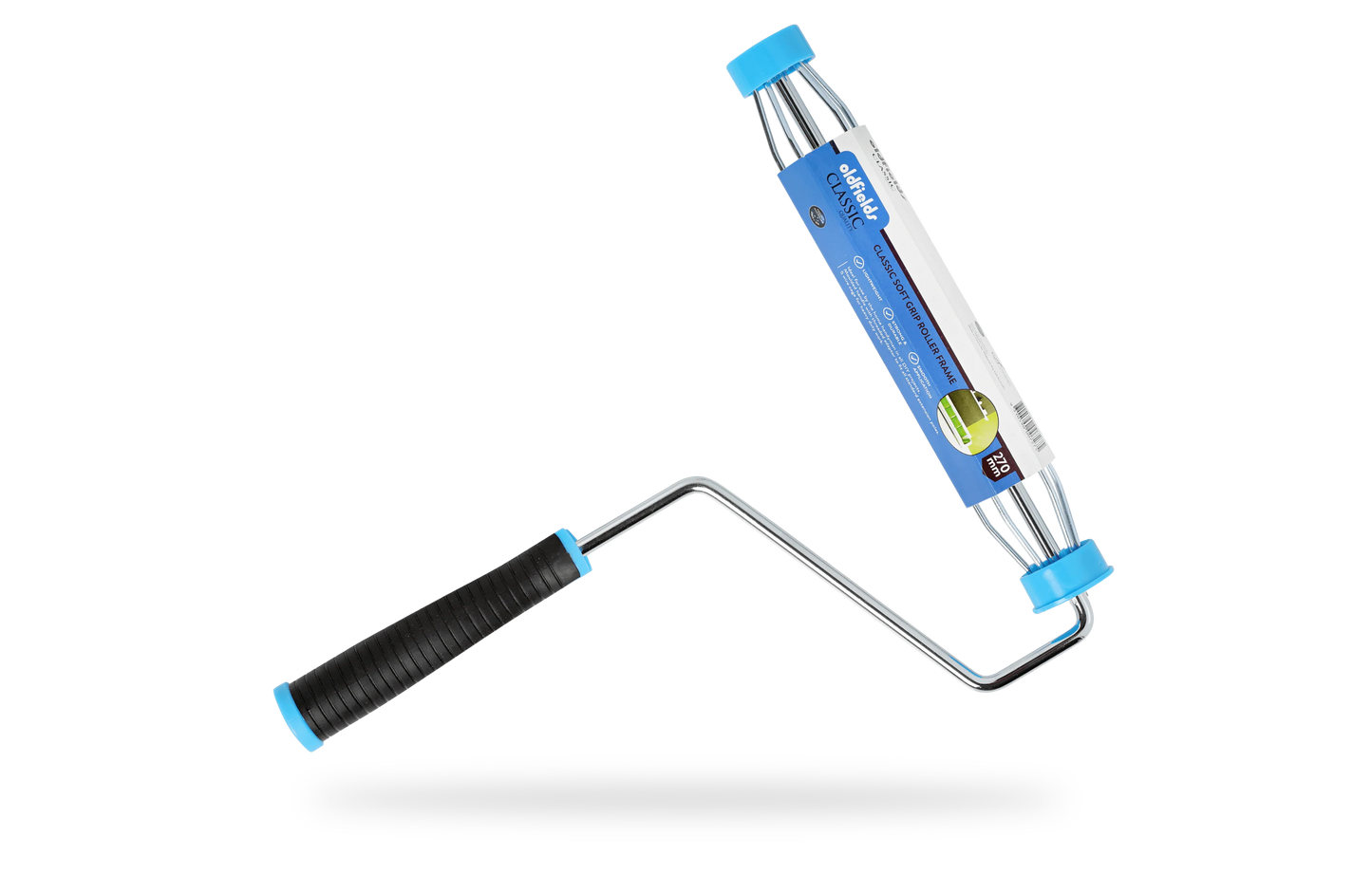 A black and blue paint roller frame with a solvent resistant polypropylene handle and a soft grip.