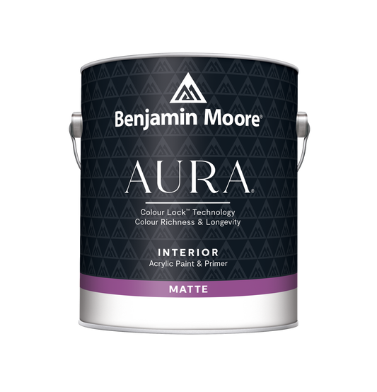 A can of Benjamin Moore Aura Interior Acrylic Paint & Primer in matte finish.