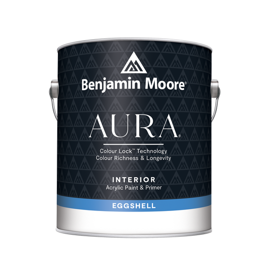 A can of Benjamin Moore Aura Interior Acrylic Paint & Primer in Eggshell finish.