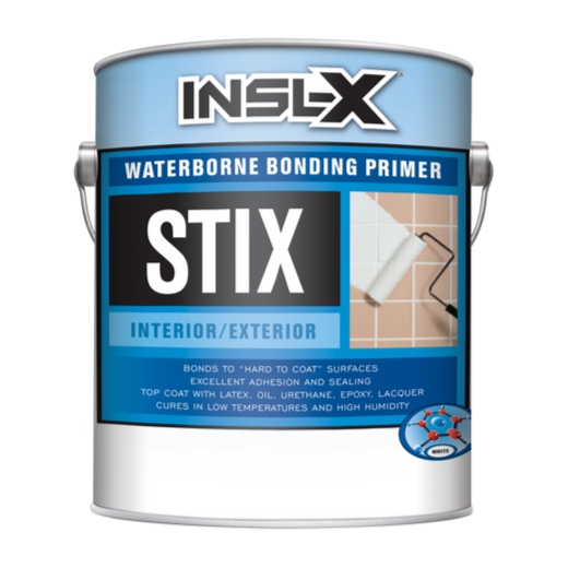 A can of STIX Waterborne Bonding Primer SXA-110 by INSLX, indicating interior/ exterior use for surfaces that have challenging bonding.