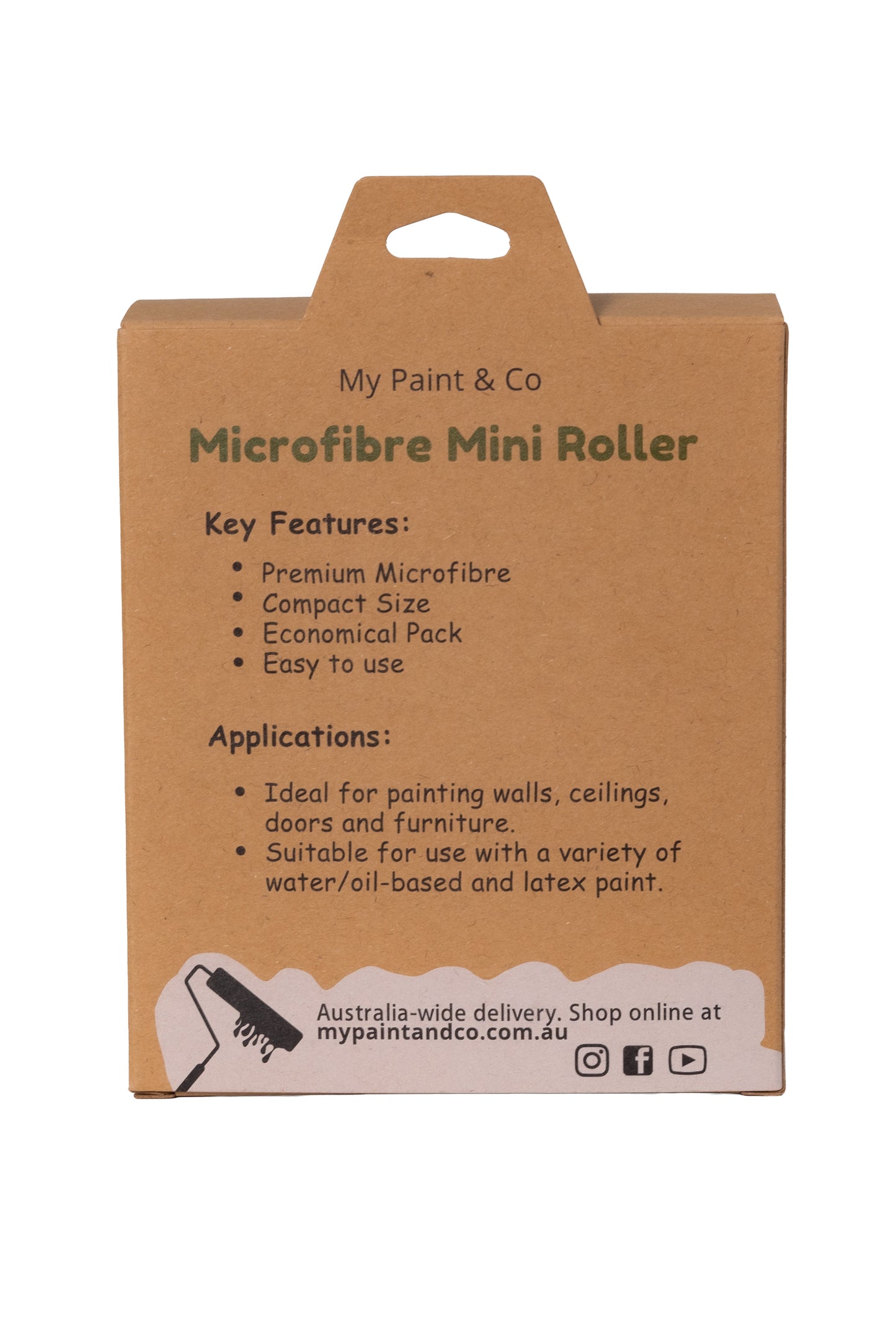 Cardboard packaging of My Paint & Co Microfibre Mini Roller with features and applications listed.