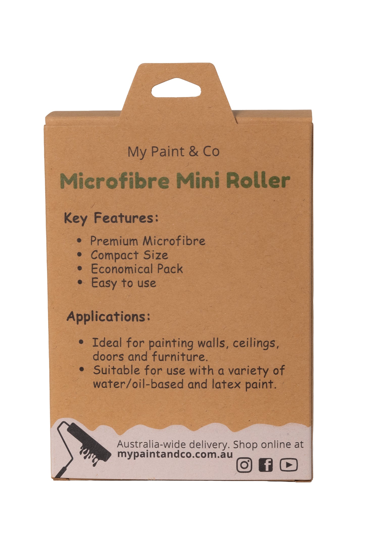 Cardboard packaging of My Paint & Co Microfibre Mini Roller with features and applications listed.