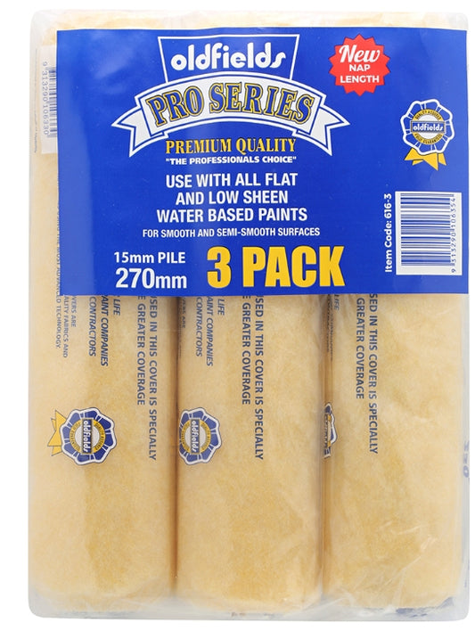 Pack of three Oldfields Pro Series roller covers with a beige woven polyester fabric, displayed in retail packaging.