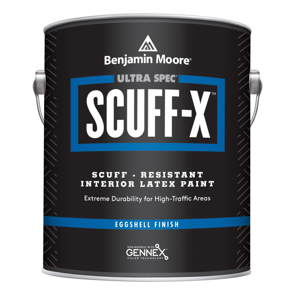 A container of Benjamin Moore Ultra Spec SCUFF-X interior latex paint in eggshell finish, primarily black in color with blue and white text, and branding details.