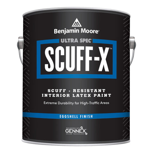 A container of Benjamin Moore Ultra Spec SCUFF-X interior latex paint in eggshell finish, primarily black in color with blue and white text, and branding details.