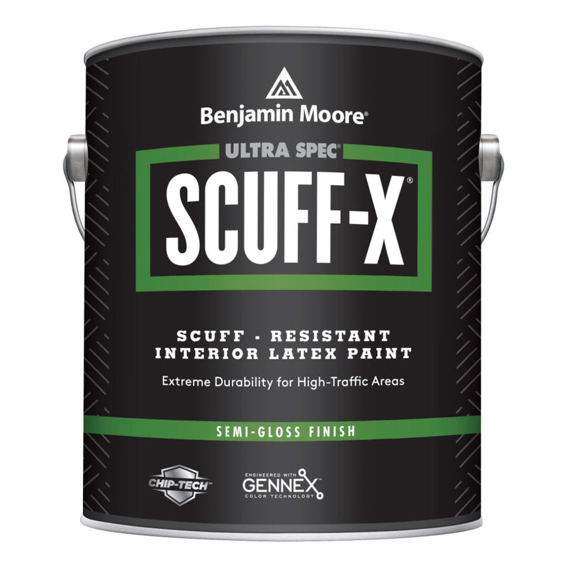 A container of Benjamin Moore Ultra Spec SCUFF-X interior latex paint in semi-gloss finish.