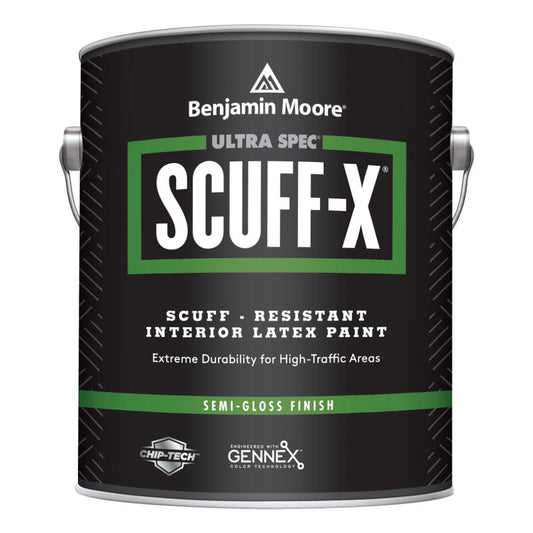 A container of Benjamin Moore Ultra Spec SCUFF-X interior latex paint in semi-gloss finish.