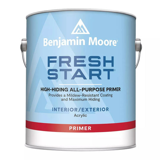 A can of Benjamin Moore Fresh Start High-Hiding All Purpose Primer, with a blue label and white text, indicating the product is an acrylic latex primer suitable for interior or exterior use.