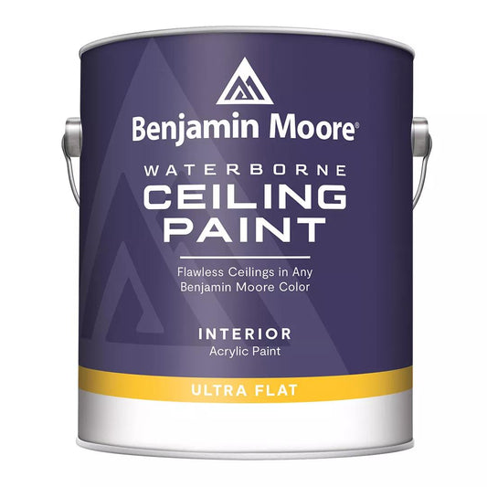 A can of Benjamin Moore Waterborne Ceiling Paint in ultra flat finish, with a purple label and the brand's logo.