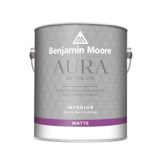 A can of Benjamin Moore Aura Bath & Spa interior paint in matte finish.