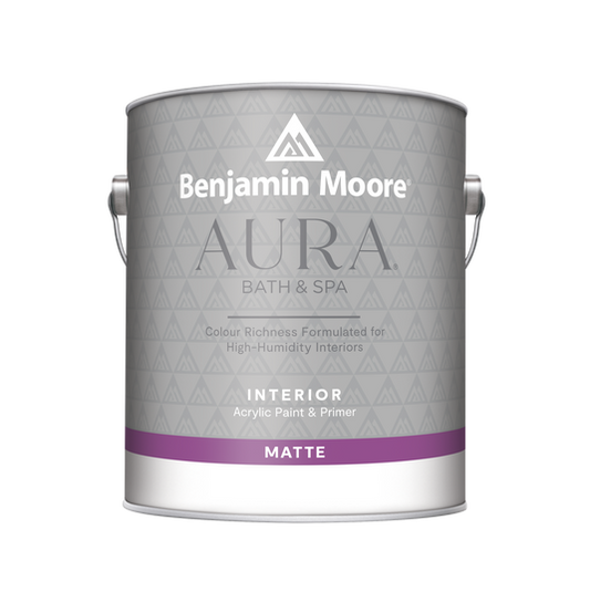A can of Benjamin Moore Aura Bath & Spa interior paint in matte finish.
