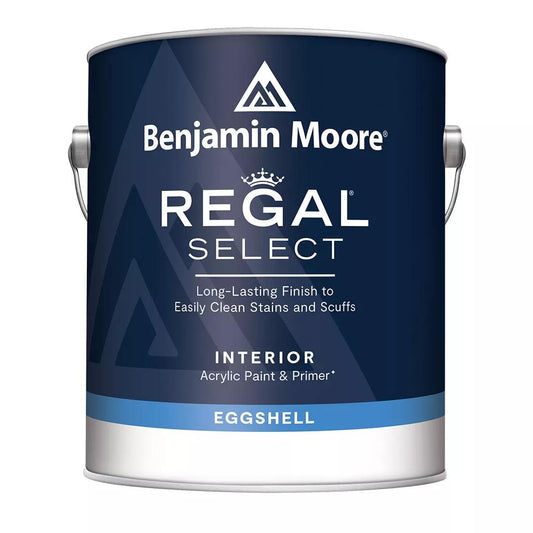 A container of Benjamin Moore Regal Select interior eggshell paint in blue and white color with branding and product information.