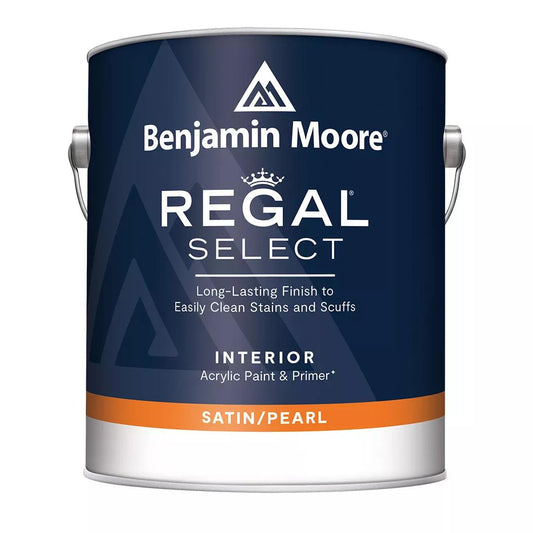 A can of Benjamin Moore Regal Select interior paint in satin/pearl finish.