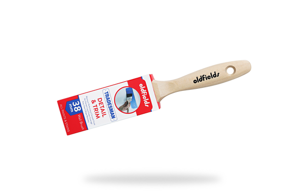 Paint brush with red label and 'oldfields' branding on a white background