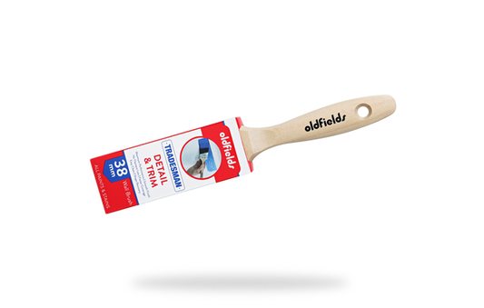 Paint brush with red label and 'oldfields' branding on a white background