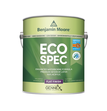 A can of Benjamin Moore Eco Spec Interior Latex Paint in flat finish with Gennex technology.