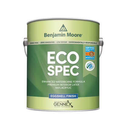 A can of Benjamin Moore Eco Spec Interior Latex Paint in Eggshell finish. The paint container is green and white with product information and logos.