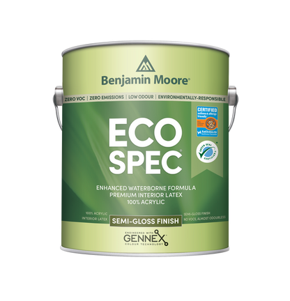 A can of Benjamin Moore Eco Spec Interior Latex Paint with a semi-gloss finish. The label indicates the paint is zero VOC, zero emissions, and environmentally responsive.