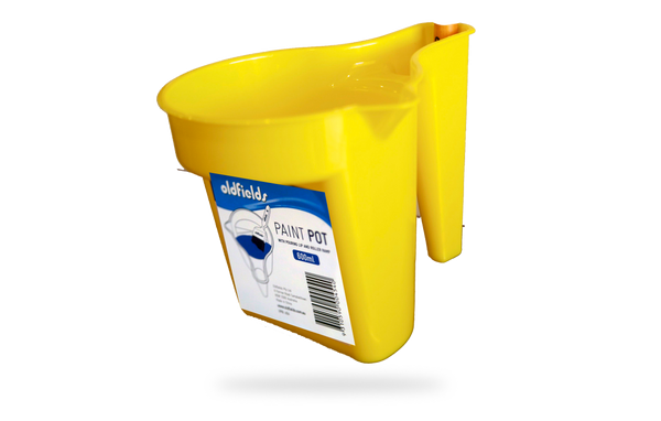 Yellow paint pot with a blue label on a white background