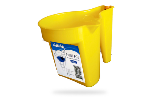 Yellow paint pot with a blue label on a white background
