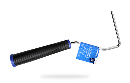 Paint roller with blue label on a white background