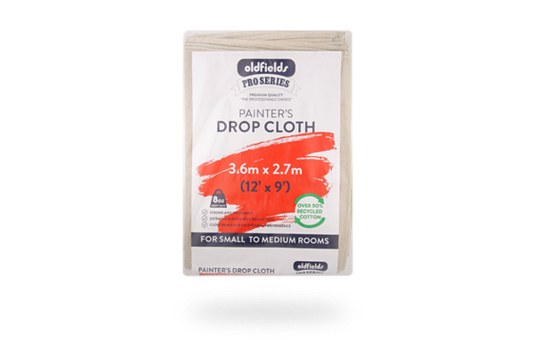 Packaged Oldfields Pro Series painter's drop cloth on a white background