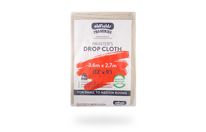Packaged Oldfields Pro Series painter's drop cloth on a white background