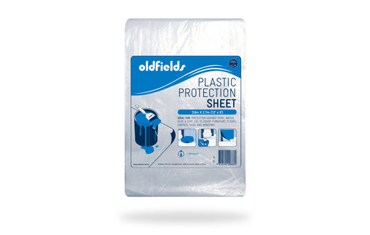 Packaged plastic protection sheet with Oldfields branding on a green background