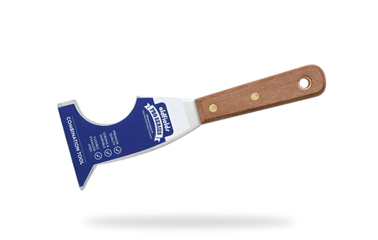 Combination tool with wooden handle and blue blade on a transparent background