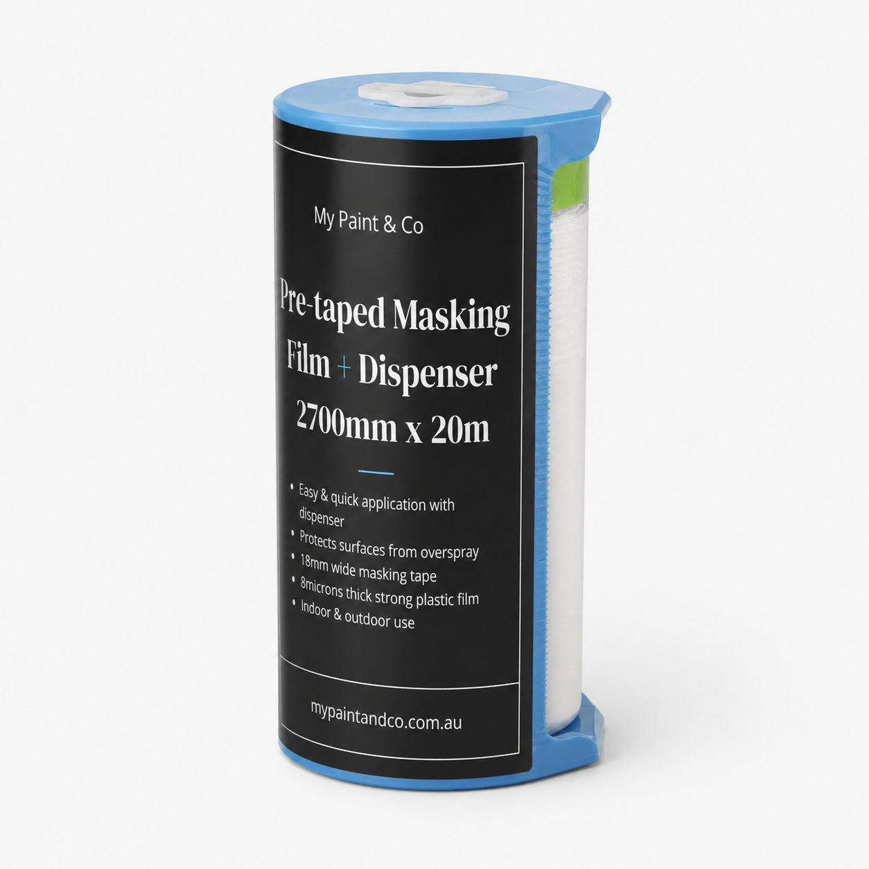 A roll of pre-taped masking film with a dispenser, branded 'My Paint & Co'. The product features a black label with white text, a blue plastic dispenser frame, and a white masking film roll visible on the side.