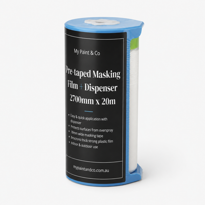 A roll of pre-taped masking film with a dispenser, branded 'My Paint & Co'. The product features a black label with white text, a blue plastic dispenser frame, and a white masking film roll visible on the side.