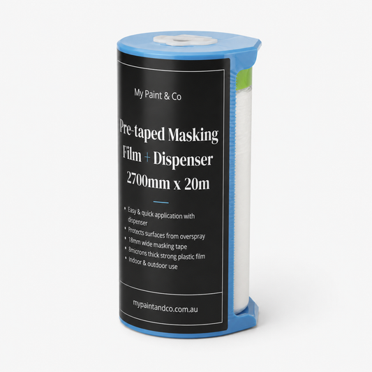 A roll of pre-taped masking film with a dispenser, branded 'My Paint & Co'. The product features a black label with white text, a blue plastic dispenser frame, and a white masking film roll visible on the side.