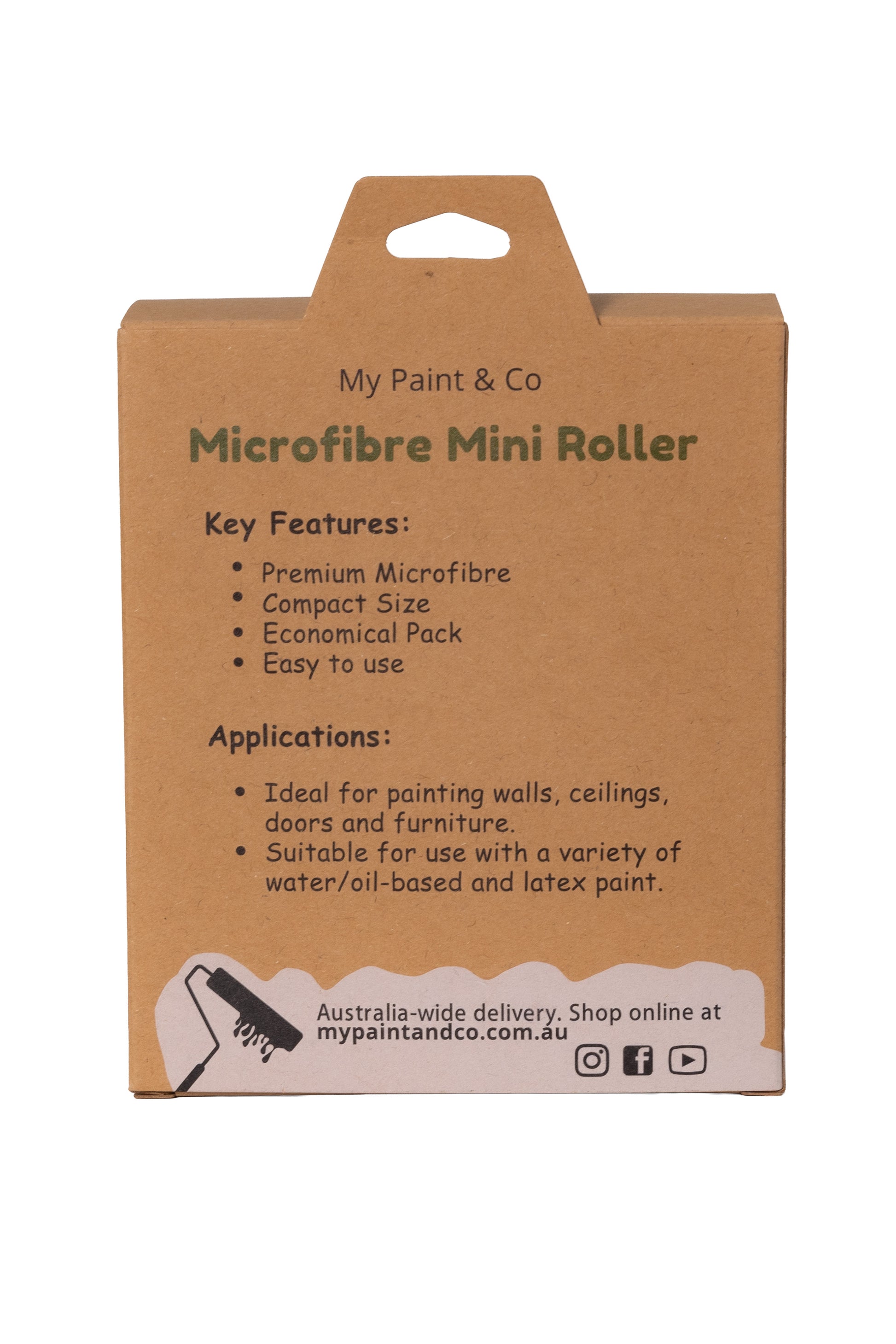Cardboard packaging of My Paint & Co Microfibre Mini Roller with features and applications listed.